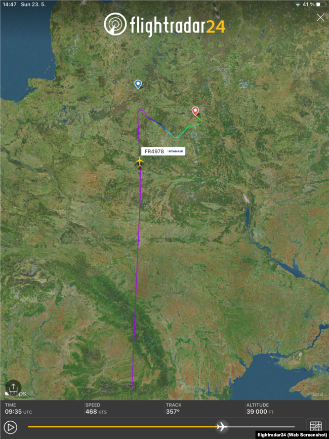 Belarus - Ryanair flight Athens Vilnius on flightradar, 23May2021