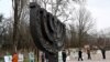 People gather near the monument at Babi Yar (Babyn Yar) in Kyiv for a memorial ceremony marking the International Holocaust Victims Remembrance Day on January 27.