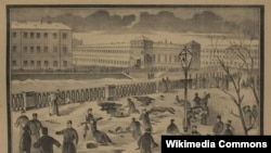 Вид местности, где было произведено покушение на жизнь Его Величества (уборка раненых). "Всемирная иллюстрация", 14 марта 1881 года