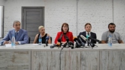 Прэзентацыя Каардынацыйнай рады ў Менску, 18 жніўня 2020 году. Павал Латушка (зьлева), Марыя Калесьнікава, Вольга Кавалькова, Максім Знак, Сяргей Дылеўскі 