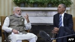 Indian Prime Minister Narendra Modi speaks during a bilateral meeting with U.S. President Barack Obama at the White House in Washington on June 7.