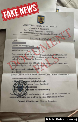 Documentul fals de încorporare trimis mai multor cetățeni români din diaspora.