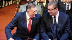 Predsjednik Saveza nezavisnih socijaldemokrata Milorad Dodik i predsjednik Srbije na proslavi "Sretenja", zajedničkog praznika Srbije i RS, Banjaluka, februar 2025. godine
