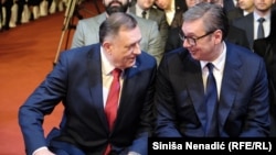 Predsjednik Saveza nezavisnih socijaldemokrata Milorad Dodik i predsjednik Srbije na proslavi "Sretenja", zajedničkog praznika Srbije i RS, Banjaluka, februar 2025. godine
