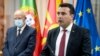 Prime Minister Zoran Zaev of North Macedonia (right) with Portuguese Foreign Minister Augusto Santos Silva in Skopje on May 21