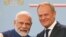 Polish Prime Minister Donald Tusk (R) and Indian Prime Minister Narendra Modi pose for a photo after addressing a press conference after talks at the Polish Prime Minister's Office in Warsaw, Poland on August 22, 2024.
