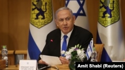 Jerusalem -- Israeli Prime Minister Benjamin Netanyahu attends a special cabinet meeting on the occasion of Jerusalem Day, in Jerusalem, May 9, 2021.