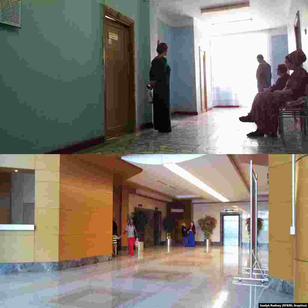 Ýokarda: Paýtagtyň 1-nji saglyk öýüniň içi; Aşakda: Kelle we boýun kesellerini bejeriş keselhanasynyň içi.