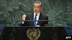 Chinese Foreign Minister Wang Yi speaks during the Summit of the Future on the sidelines of the UN General Assembly in New York on September 23.