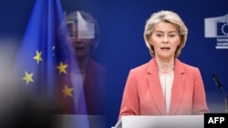 European Commission President Ursula von der Leyen speaks at the European Commission in Brussels on February 27.