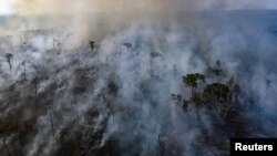 An aerial view of a forest fire in the Amazon on August 23