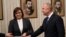 The leader of the Bulgarian Socialist Party, Cornelia Ninova (left), returns the mandate to form a government to President Rumen Radev (right) during their meeting in Sofia on September 7.