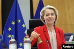 European Commission President Ursula von der Leyen starts a meeting in Brussels on April 22.