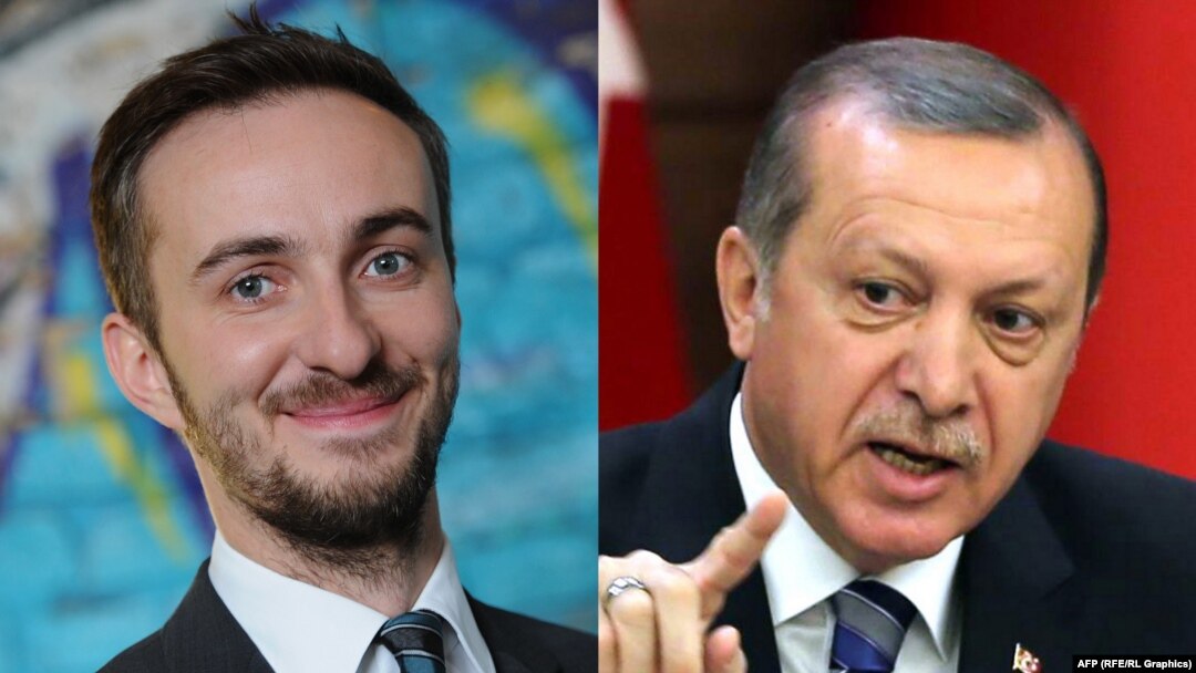 A combo photo of German satirist Jan Boehmermann (left) and Turkish President Recep Tayyip Erdogan. Boehermann called Erdogan a "professional idiot" and suggested he engaged in bestiality.