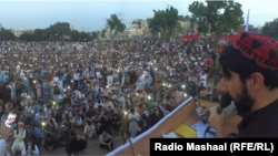 Manzoor Pashteen delivers a speech to the Pashtun Tahafuz Movement in Lahore on April 22.