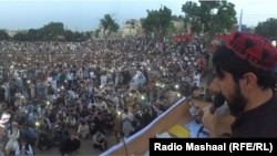 Manzur Pashteen delivers a speech to the Pashtun Tahafuz Movement in Lahore on April 22.