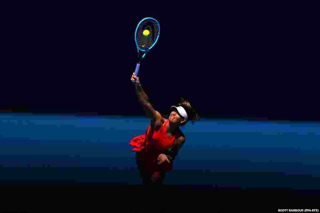 Maria Sharapova of Russia in action against Donna Vekic of Croatia on the second day of the Australian Open tennis tournament in Melbourne. (epa-EFE/Scott Barbour)