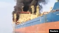 The Skylight tanker in flames in the Strait of Hormuz on March 1