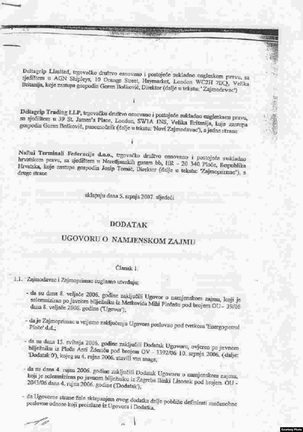 Dokument koji je vje&scaron;tačen. Ovaj ugovor se prvi put pojavio 2010god. kad je Deltagrip pokrenuo stečajni postupak pred sudom u Dubrovniku. Dokument nije ovjeren kod javnog bilježnika.