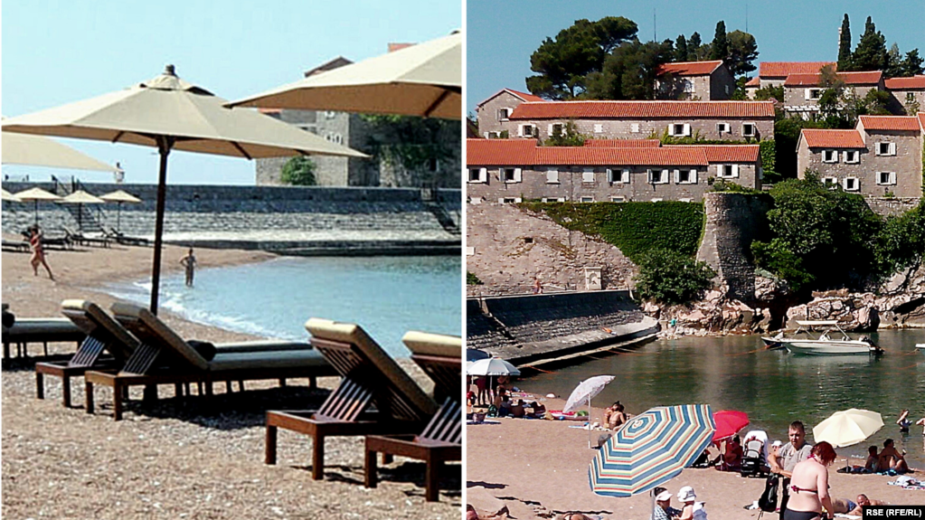 Plaža na Svetom Stefanu (lijevo 2019, desno 28. juna 2021. godine)
