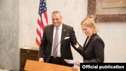 U.S. - U.S. Deputy Assistant Secretary of State Bridget Brink and Armenian Ambassador Grigor Hovannisian mark the 26th anniversary of Armenia's independence at an official reception in Washington, 24Oct2017.