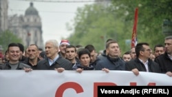 Boris Tadić, Nebojša Zelenović, Janko Veselinović i Boško Obradović na protestu "Jedan od pet miliona" u Beogradu, april 2019.