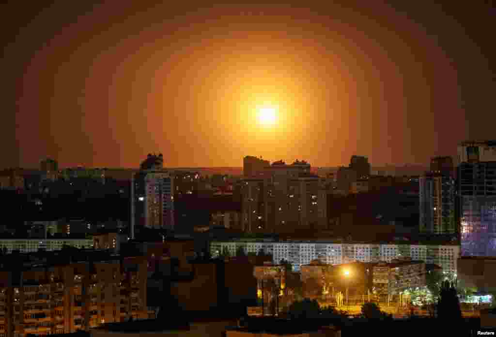 A drone explodes in the night sky over the Ukrainian capital, Kyiv.&nbsp;