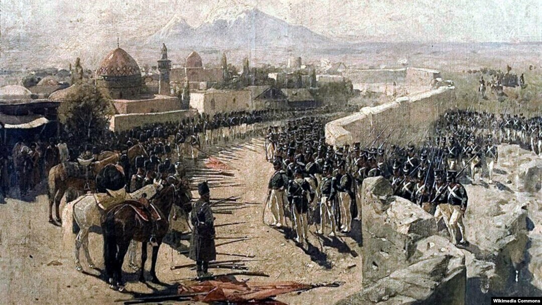 Rəssam Frans Rubo bu rəsmi 1827-ci ildə çəkib. Rəsmi «1827-ci ilin 1 oktyabr tarixində İrəvan qalasının ruslara təslim edilməsi» adlandırmışdı.