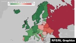 A map of European traffic-death rates (see infographic below)