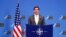 U.S. Secretary of Defense Mark Esper speaks at a news conference following a NATO defense ministers meeting at the alliance headquarters in Brussels on February 13.