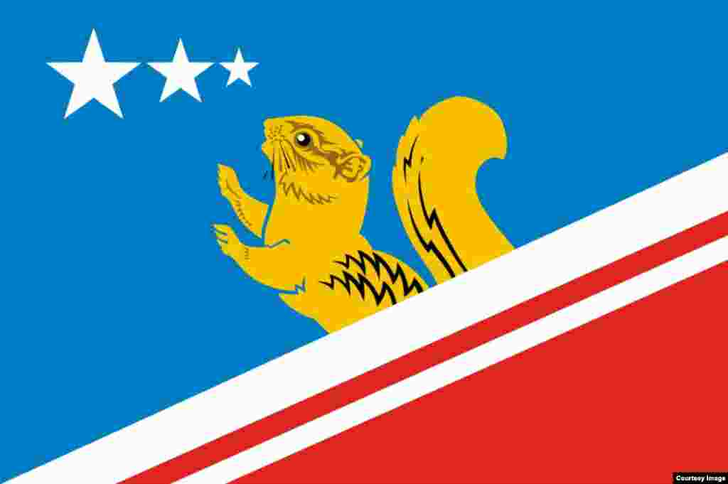 The flag of Vovchansk in the Sverdlovsk region. The rodent is cute. There&rsquo;s a neat detail, too: The three stars represent the district&rsquo;s three places by order of size (one city, one village, one small village). Except...the smallest village actually had a population of zero and officially disappeared two months ago.