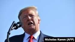 U.S. President Donald Trump speaks at a ceremony marking the 18th anniversary of the 9/11 attacks at the Pentagon in Washington.