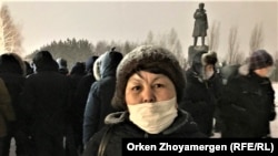 Kazakh activist Saule Seidakhmetova taking part in protests earlier this year. 