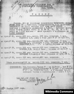 Рапорт М. Матвєєва про розстріл в Сандармоху «Першого етапу» Соловецького табору, 10 листопада 1937 року