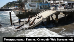 Скриншот из видео главы российской администрации Алушты Галины Огневой об обрушившимся причале на центральной набережной