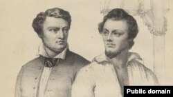 Паўстанцы Міхал Валовіч і Артур Завіша каля шыбеніцы, гравюра М. Ходзькі, фрагмэнт