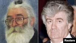 Радаван Караджыч, зьлева - непасрэдна перад арыштам у 2008 годзе ў Бялградзе, справа - на пасяджэньні парлямэнту ў 1995 годзе