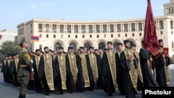 Armenia - Armenian Apostolic Church chaplains march during a military parade in Yerevan, September 21, 2011.
