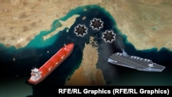 Илюстрация, която показва тесния само 33 км Ормузки проток и вероятно поставените от Иран морски мини.