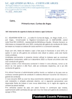 Adresa trimisă de Aquaterm AG 98 către Primăria Curtea de Argeș, în ianuarie 2025.