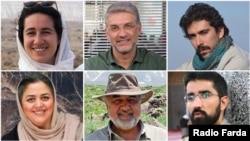 Iranian environmental activists (from top left, clockwise) Niloufar Bayani, Houman Jokar, Amirhossein Khaleghi, Taher Ghadirian, Morad Tahbaz, and Sepideh Kashani were jailed for six to 10 years.