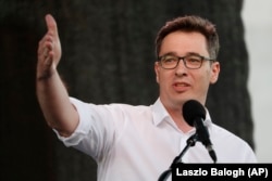 Mayor Gergely Karacsony addresses demonstrators protesting against plans for a Fudan University campus in Budapest on June 5.