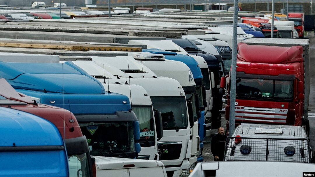 Ukrainian trucks are parked near the Polish-Ukrainian border, near the village of Korczowa, in November.