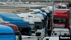 Ukrainian trucks are parked near the Polish-Ukrainian border, near the village of Korczowa, in November.