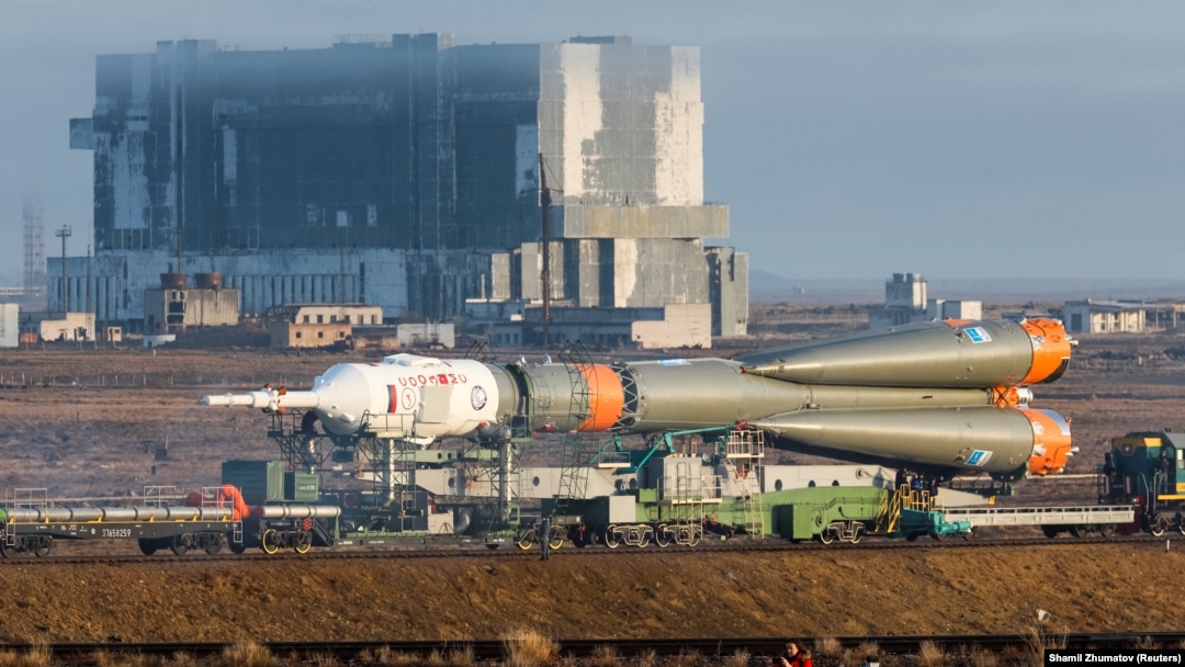 A Soyuz spacecraft at the Baikonur Cosmodrome in 2018.
