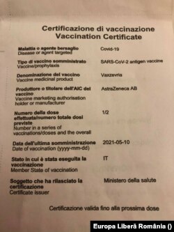 Certificat de vaccinare al unui membru din comunitatea românilor din Italia
