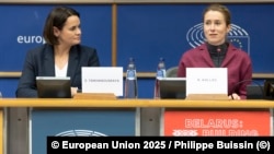 Сьвятлана Ціханоўская і Кая Калас падчас прысьвечанай Беларусі канфэрэнцыі ў Эўрапейскім парлямэнце