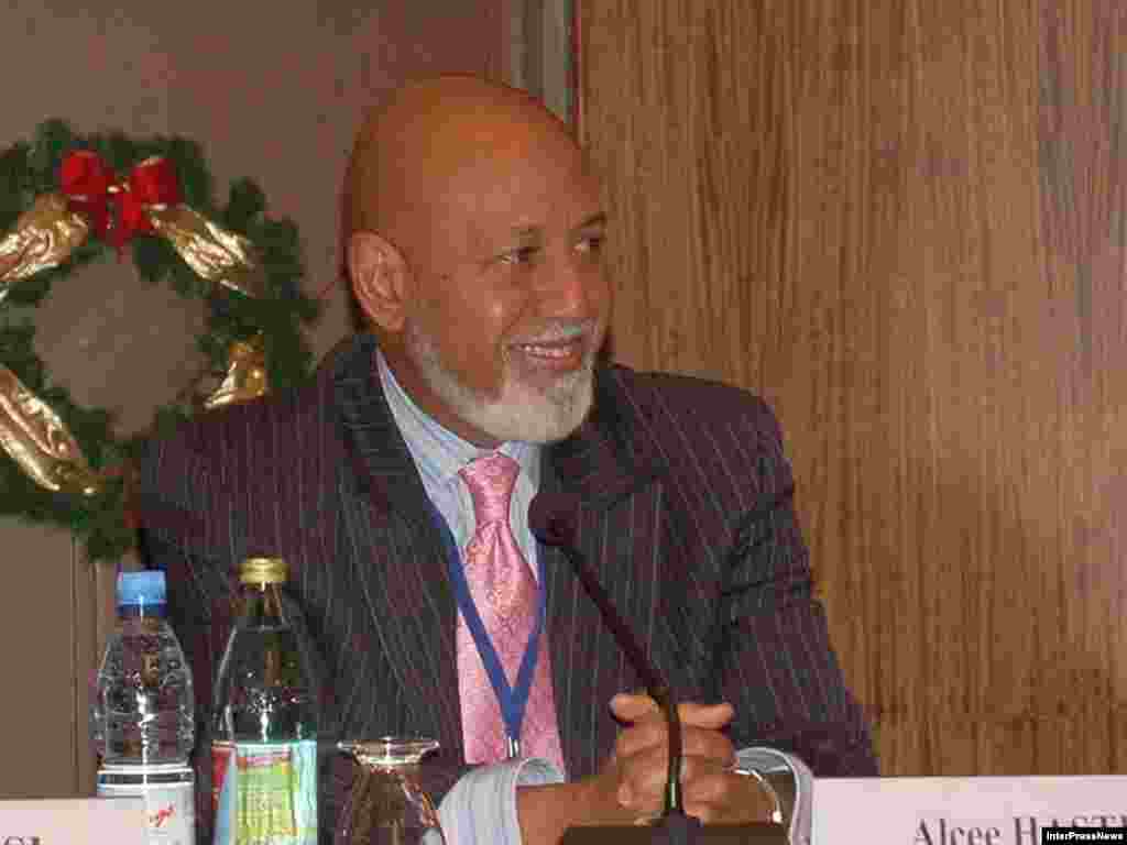 Alcee L. Hastings, the head of the OSCE observer monitoring group at a news conference in Tbilisi on January 6. A group made up of officials from the OSCE, the Parliamentary Assembly of the Council of Europe (PACE), and the European Union said the presidential election met international standards despite some irregularities. Hastings is also a U.S. congressman.