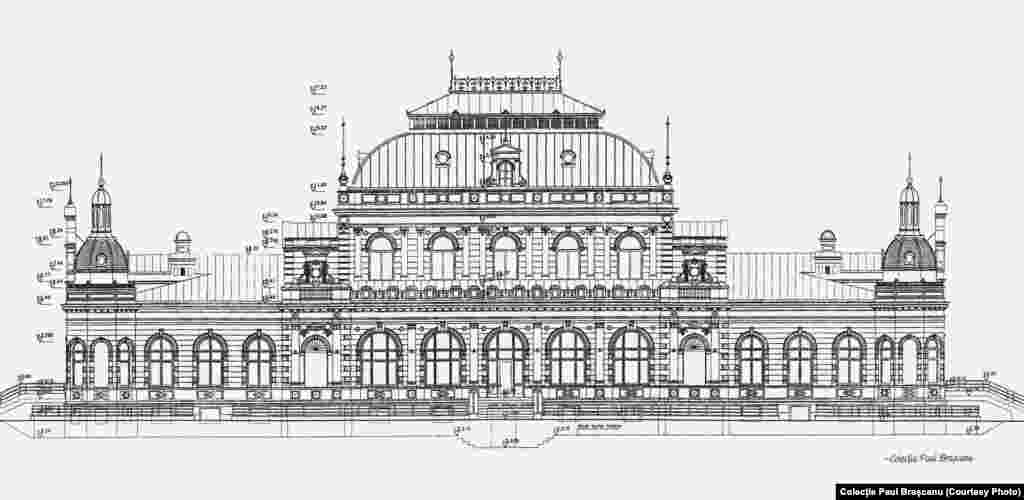 Plan al Cazinoului din Vatra Dornei, fațada dinspre râul Dorna (nord), din colecția lui Paul Brașcanu.