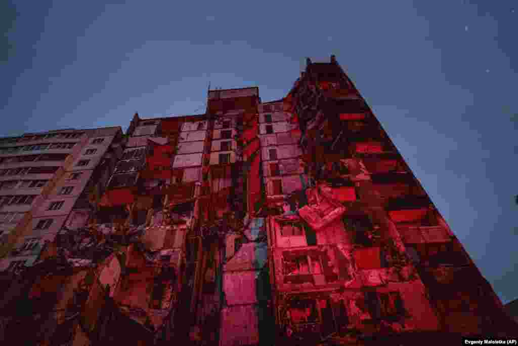 A residential apartments house destroyed by Russian attack in the Saltivka district in Kharkiv, Ukraine.